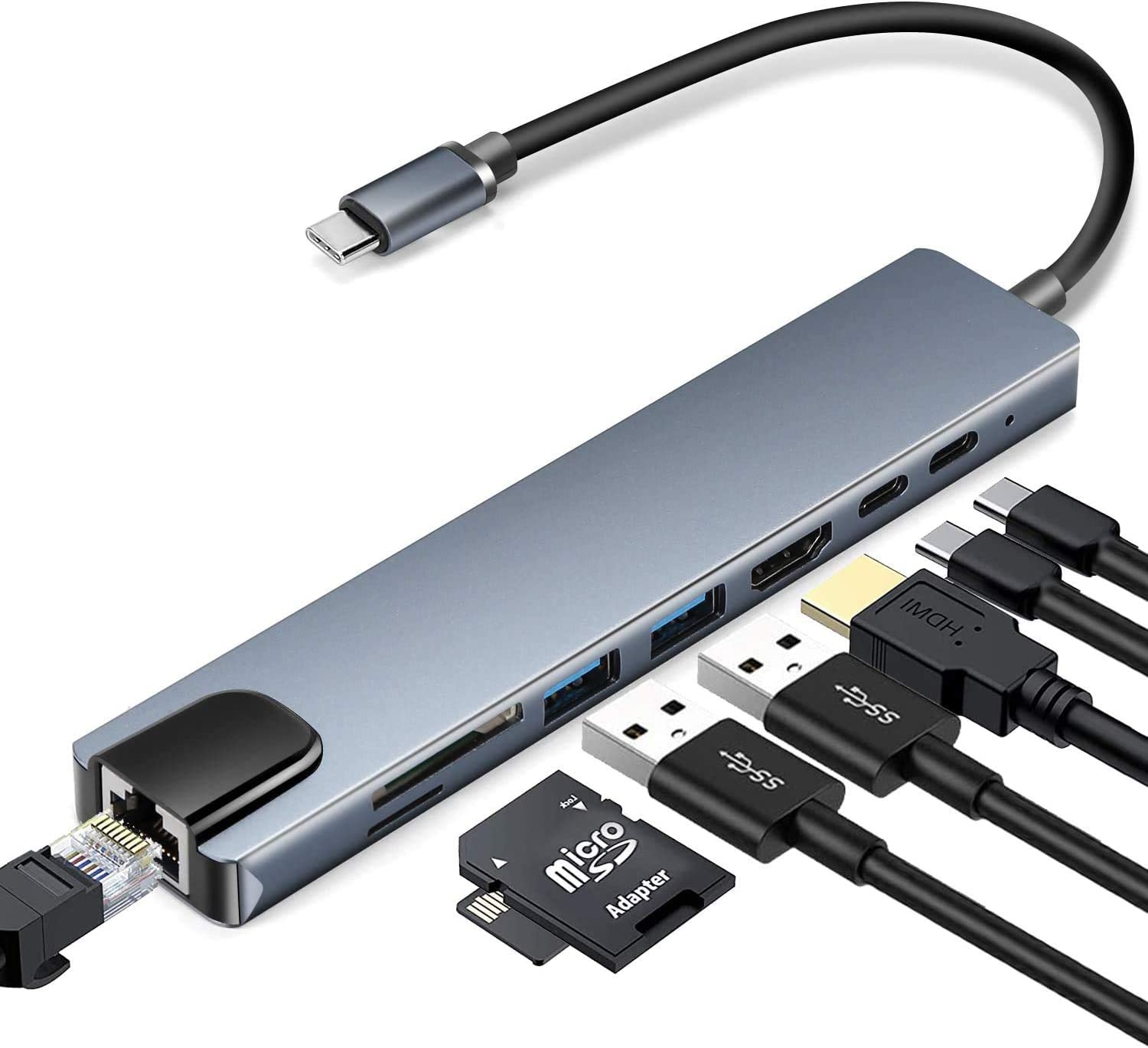 Adapter-konvertor TIP C na HDMI+2xUSB 3.0+SD/Micro SD+2xTIP C+RJ45