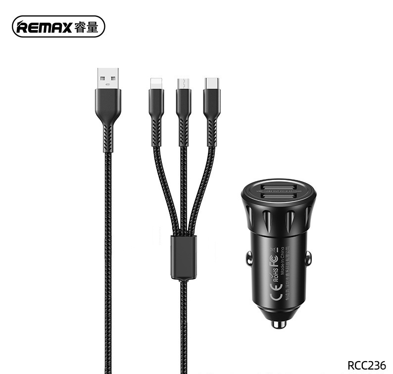 Auto punjac 2xUSB+ kabl 3u1 RCC236 2.4A, crni REMAX