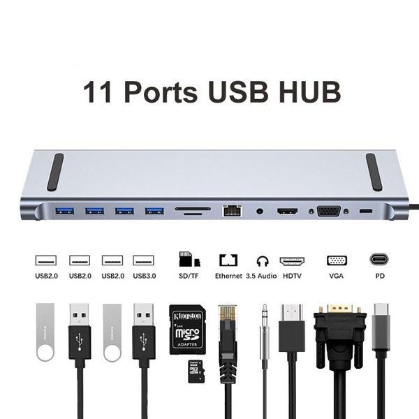 Adapter TIP C HUB na HDMI+VGA+4xUSB+SD/micro+RJ45+PD+Audio-11u1