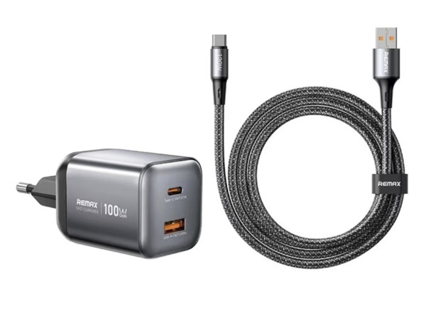 SET:Strujni punjac Wisdom GaN 1XUSB 3.0+TIP C 100W+kabl TIP C CA15, crni REMAX