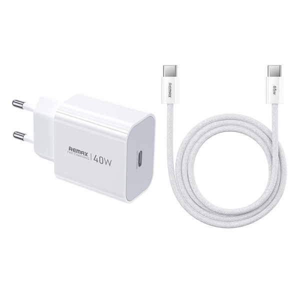 SET:Strujni punjac Huiying GaN 1XTIP C 40W+kabl TIP C CA10, beli REMAX