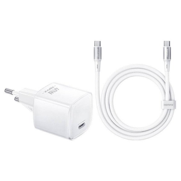 SET:Strujni punjac IceCrystal GaN 1XTIP C 60W+kabl TIP C CA26, beli REMAX