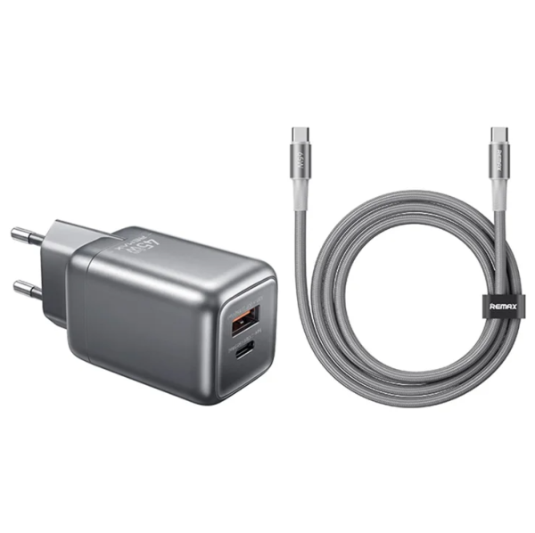 SET:Strujni punjac 45W USB+TIP C+ kabl TIP C na TIP C CA-25, sivi REMAX